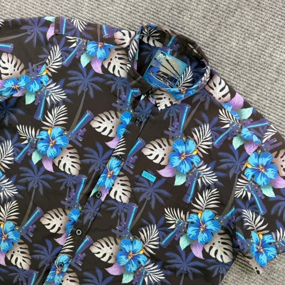 Retro Rifle Suppressed Tropical Hibiscus Button Down Shirt Mens 2XL Black Blue
